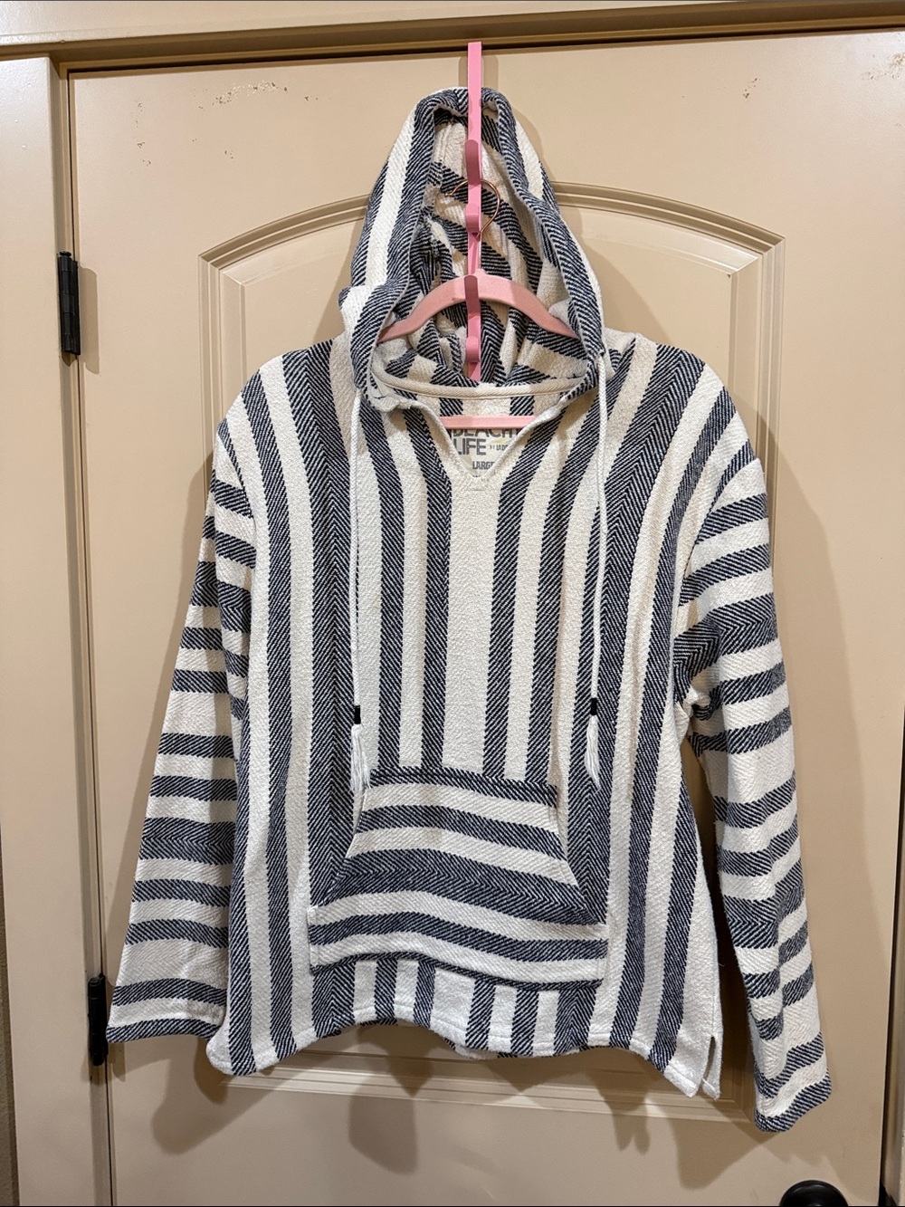 Striped Hooded Pullover Sweater in Cream and Gray